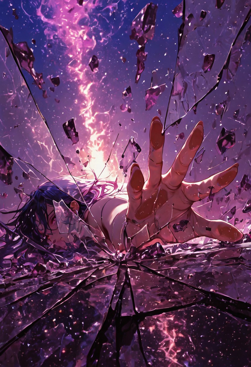 highres, very detailed, amazing quality, masterpiece,
very aesthetic, RBL-Illu, 
particle effect, looking through broken glass,
1girl, solo, body is broken glass, made from glass pieces, prism, prismatic effects
BREAK, 
prone, reaching out,
violet and gold background, gems, jewels
