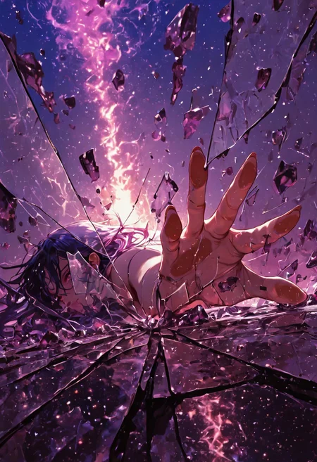 highres, very detailed, amazing quality, masterpiece,
very aesthetic, RBL-Illu,
particle effect, looking through broken glass,
1girl, solo, body is broken glass, made from glass pieces, prism, prismatic effects
BREAK,
prone, reaching out,
violet and gold background, gems, jewels
