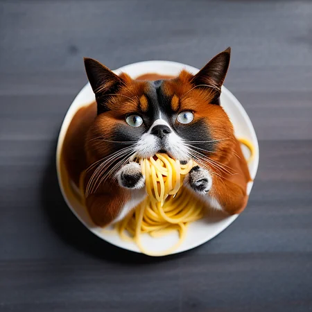 A dog eating spaghetti, [[KittyPic-SDv2]] eating spaghetti