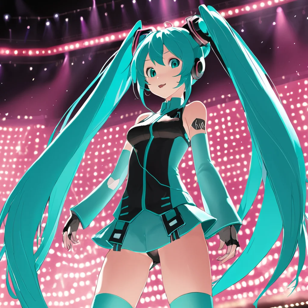 hatsune miku <lora:hatsune_miku:0.5>, upper body, stage, detailed background