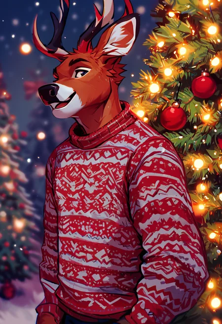 score_9, score_8_up, score_7_up, high res, best quality, furry, solo, male, deer, sweater, christmas tree, outside, close up, fluffy_new_year, merry_furistmas, <lora:Fluffy_New_Year__Merry_Furistmas:1>