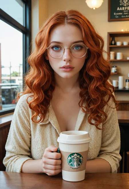 score_9, score_8_up, score_7_up, 1girl, sitting at a table, front view, upper body, coffee cup, in a coffee shop, indoors, ginger hair, wavy hair, glasses, book, looking at viewer, parted lips, blue eyes,