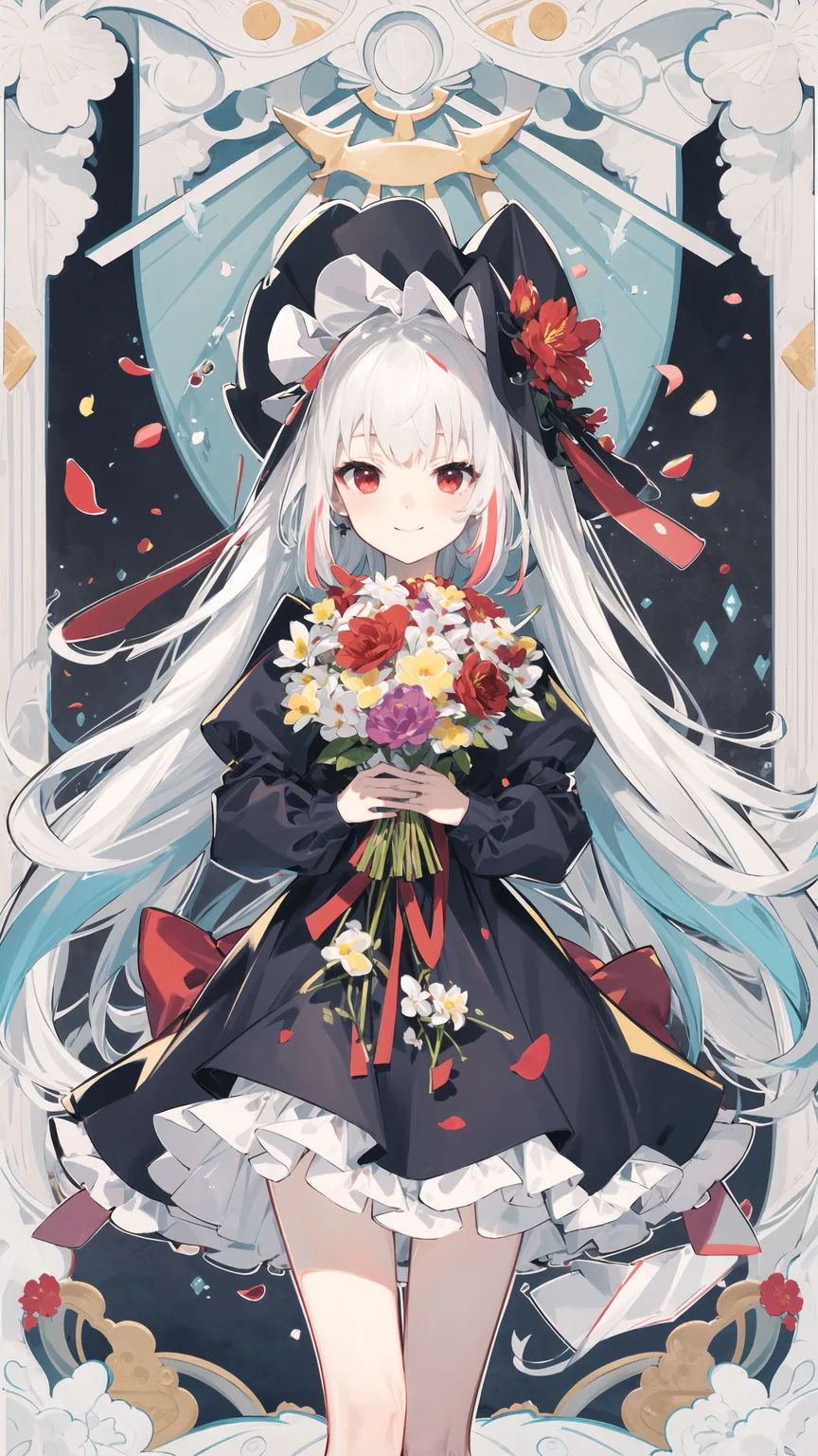masterpiece, best quality, 1girl, solo, long_hair, looking_at_viewer, white hair, red eyes, smile, bangs, skirt, shirt, long_sleeves, hat, dress, bow, holding, closed_mouth, flower, frills, hair_flower, petals, bouquet, holding_flower, center_frills, bonnet, holding_bouquet, floral background, flower field, multicolored background, colorful, <lora:animetarotV41:1>