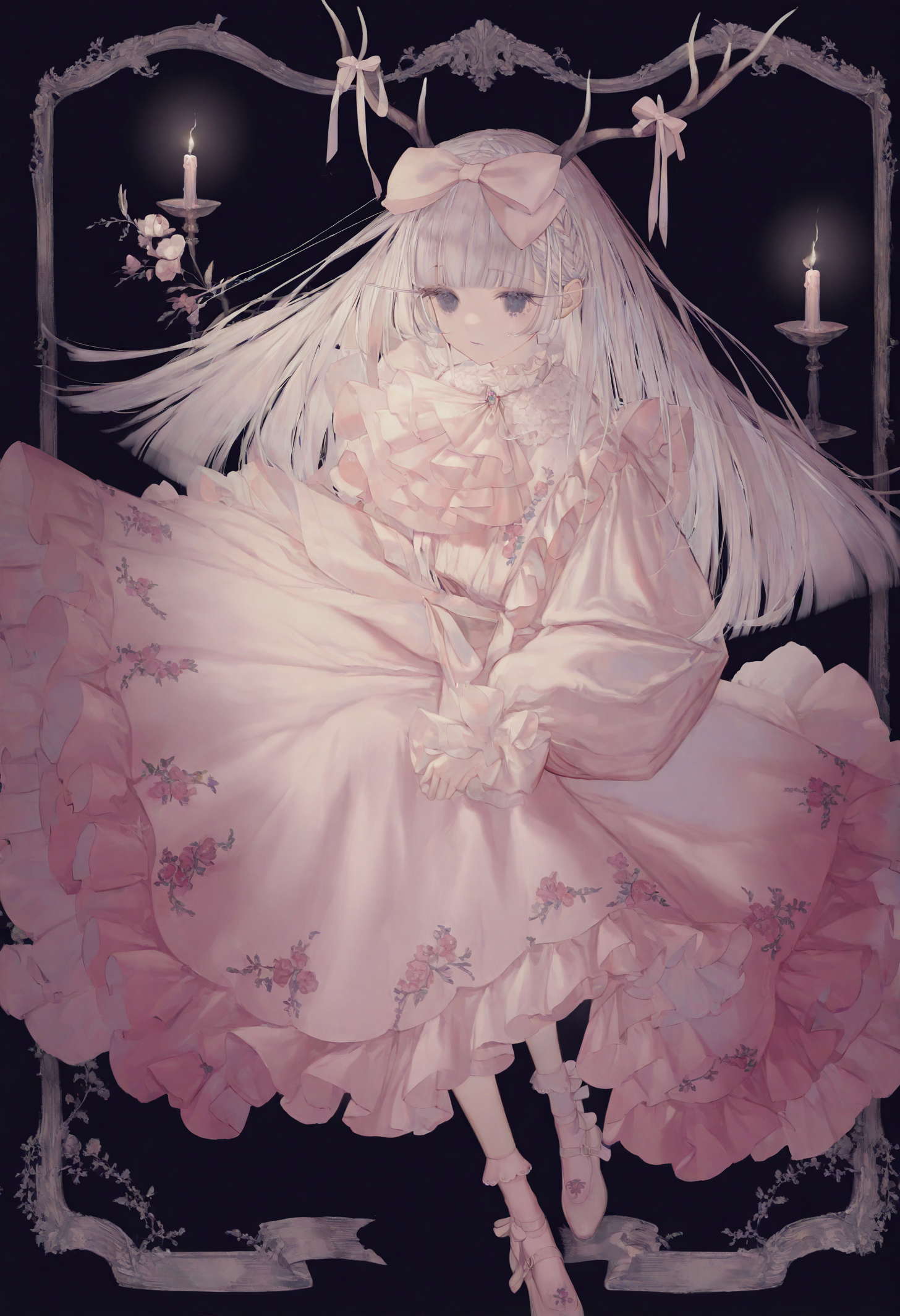 <lora:myc1_noob1.1-000189:1>,
1girl, candle, antlers, horns, solo, dress, full body, bow, long hair, black background, blunt bangs, hair bow, long sleeves, white dress, flower, white hair, frills, pink dress, socks, apron, braid, ascot,
masterpiece,best quality,newest,absurdres,highres,very awa,