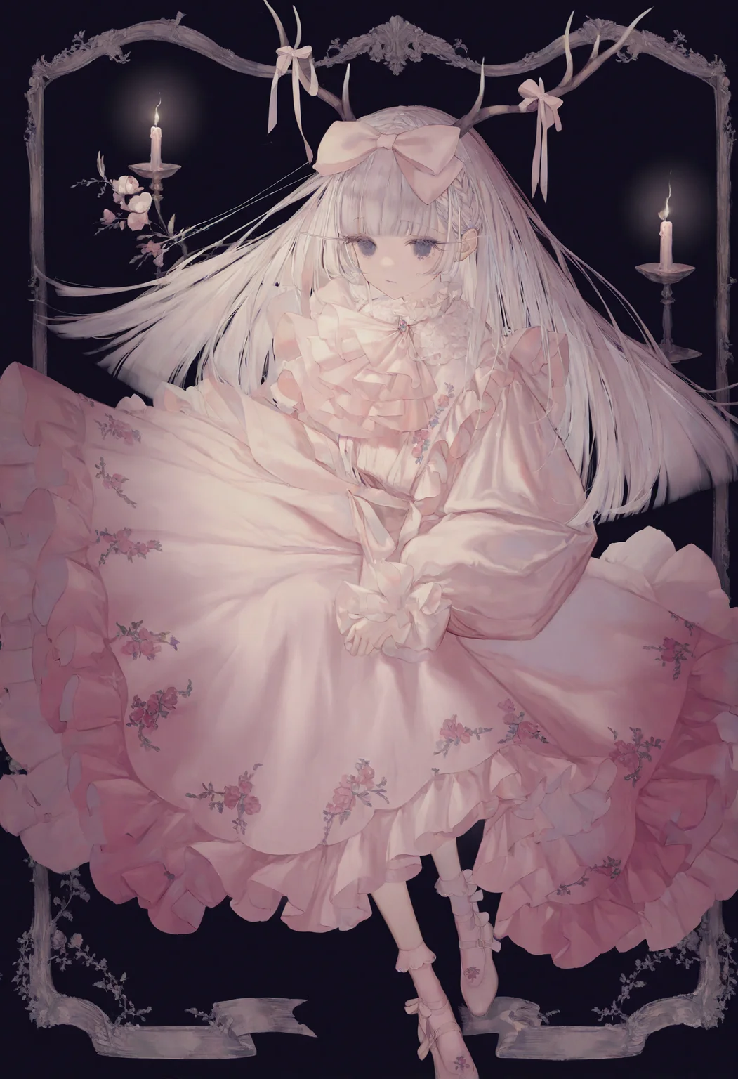 <lora:myc1_noob1.1-000189:1>,
1girl, candle, antlers, horns, solo, dress, full body, bow, long hair, black background, blunt bangs, hair bow, long sleeves, white dress, flower, white hair, frills, pink dress, socks, apron, braid, ascot,
masterpiece,best quality,newest,absurdres,highres,very awa,