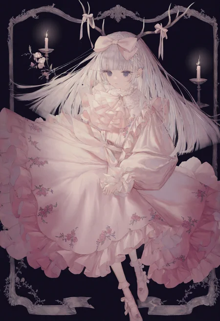 <lora:myc1_noob1.1-000189:1>,
1girl, candle, antlers, horns, solo, dress, full body, bow, long hair, black background, blunt bangs, hair bow, long sleeves, white dress, flower, white hair, frills, pink dress, socks, apron, braid, ascot,
masterpiece,best quality,newest,absurdres,highres,very awa,
