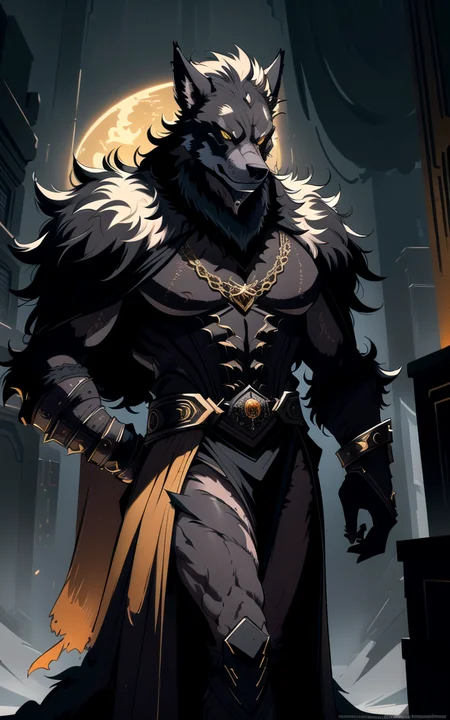 1man, dynamic pose of werewolf from underworld, ultra wide angle, in focus, dark epic background, golden fur design, hyper details, lighting art, cinematic, insane details, intricate details, hyperdetailed, goth, fractal, dark shot