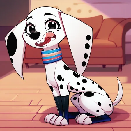 hi res, best quality, (source_cartoon), Score_9, score_8, score_7, best anatomy, Solo, 1girl, feral, dog, dog girl, dalmatian, female furry, white and black fur, black spots, short tail, long ears, dog ears, black eyes, collar, open mouth, tongue out, sitting, looking at viewer, living room background