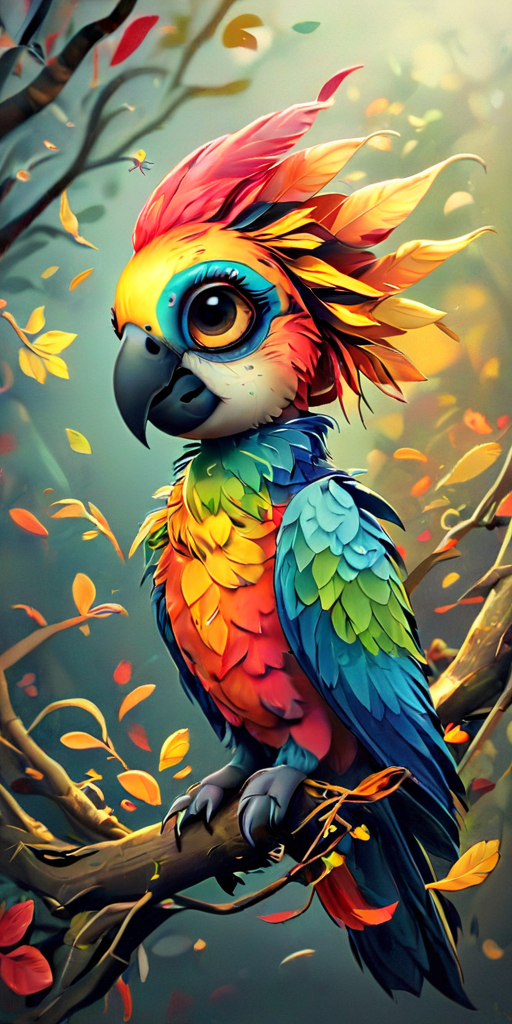 A vibrant and whimsical illustration of a colorful parrot perched on a branch. The parrot has large, expressive eyes and a variety of brightly colored feathers, including shades of blue, yellow, red, and green, giving it a playful and lively appearance. The background is softly blurred, with warm, golden hues and the subtle silhouettes of tree branches and leaves, creating a dreamy, magical atmosphere. Autumn leaves are scattered around the scene, some falling gently, adding to the sense of motion and life. The overall composition is charming and detailed, capturing the essence of the parrot in a fantastical, animated style
 <lora:artfullyBIRDS_SDXL_V1:.1> <lora:artfullyPAPERCUT_SDXL_V1:.8>, artbrdsprrt, artpprct <lora:artfullyECHELIER_SDXL_V1:.6>, artchlr <lora:artfullySTYLIZED_SDXL_V1:1>