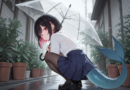 masterpiece, best quality, amazing quality, 1girl, transparent, transparent umbrella, skirt, solo, umbrella, tail, holding, red eyes, shirt, looking at viewer, holding umbrella, piercing, ear piercing, white shirt, blue skirt, multicolored hair, black hair, squatting, plant, pleated skirt, short hair, pink hair, colored inner hair, pantyhose, looking back, virtual youtuber, closed mouth, outdoors, potted plant, earrings, fish tail, jewelry, tonerostyle