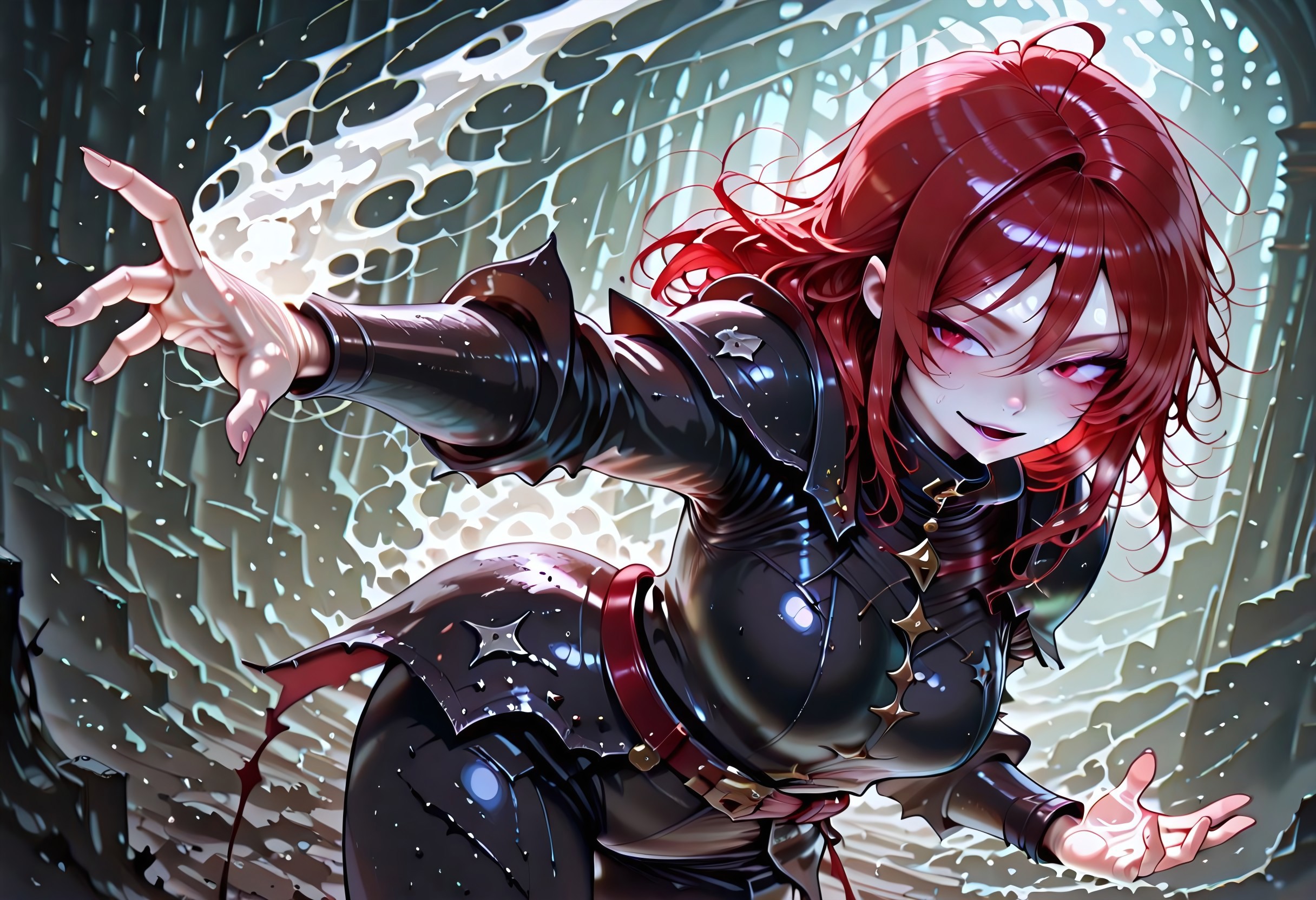 masterpiece, best quality, highres, absurdres, amazing quality, high resolution, 
Red Eyes, Red Hair, pale skin, Black Medieval Armor, leather straps
white fire, 1girl, solo
concentrating, open mouth, smile, sweat, <lora:scorching_ray_magic:1> scorching_ray_(/magic/), solo, white flame, white glowing hands, dynamic_pose, fighting stance, looking at another,