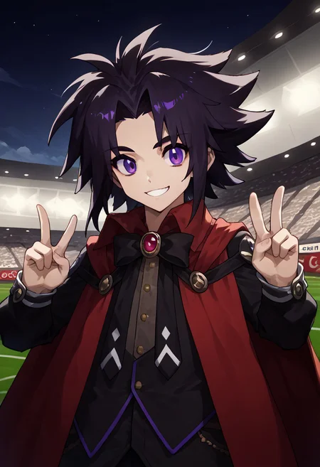score_9, score_8_up, score_7_up, source_anime BREAK 1girl, solo, <lora:chyko-artist-richy-v1_pdxl:1.0>, ,1boy,magician,Libya,spiked_hair,black_hair,purple eyes,smile,cape,<lora:revin_brenten:0.9>,stadium, double V