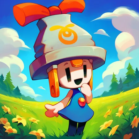 zPDXL2, score_9_up, score_8_up, score_7_up, 2d, rating_safe, detailed background, blue background, trees, flowers, grass, clouds, <lora:PDXL_Connie_ML:1>, 1girl, solo, connie_\(m&l\), grey skin, simple eyes, empty eyes, plug, socket, blue dress, bare shoulders, black leggings, standing, arms at sides, smile, open mouth, looking at viewer, cowboy shot, one hand on mouth