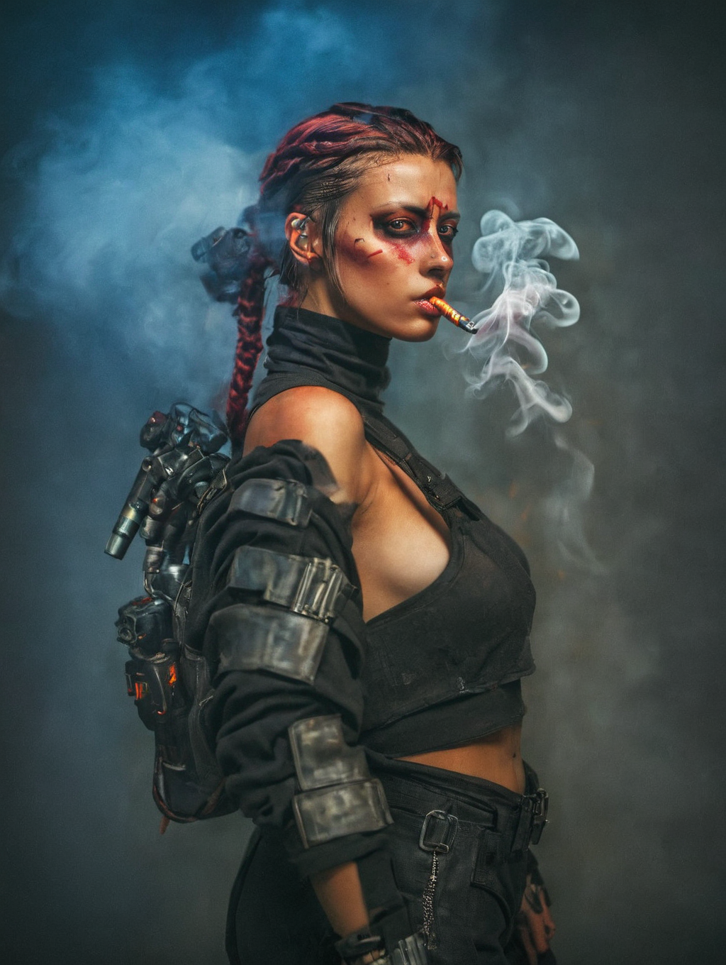 harisnukemXL,  photography of a woman wearing cyberpunk attire, smoke and fire int he background, shoulder portriat, <lora:Haris_Nukem_Style_XL:1>