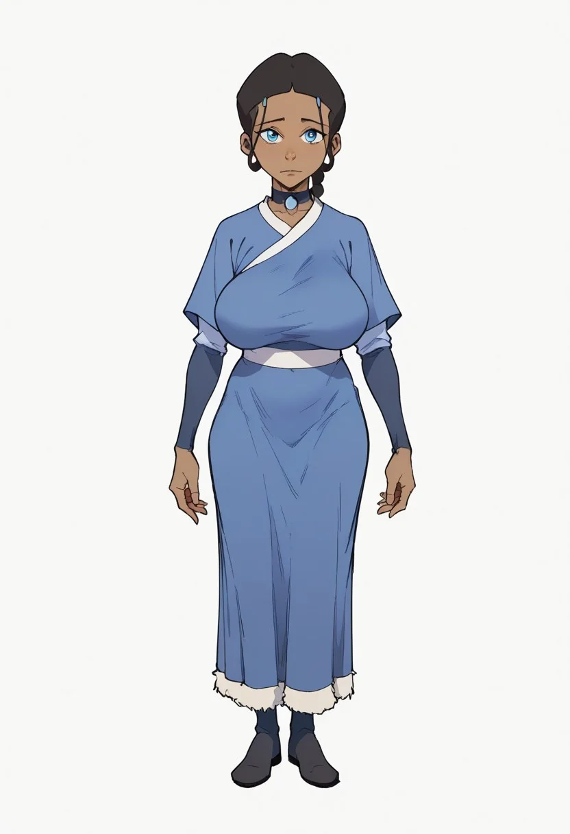score_9, score_8_up, score_7_up,
1girl, Katara, 1girl, solo, black hair, blue eyes, dark skin, hair ornament, blue dress, huge breasts, sagging breasts, curvy, closed mouth, (((full body))), full body image, (((full view))), detailed eyes, detailed face, perfect eyes, perfect face, standing, front view, simple background, (((white background)))