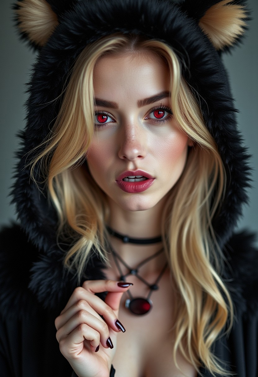 A stunning doll like face close-up of a blonde woman, gothic fashion, with bright red eyes, moist pink lips, smooth skin, fangs, wearing a fluffy animal ear hood, wearing beautiful necklace,wide cleavage, soft lighting, realistic and delicate facial features, fallen snowpetal, photorealistic rendering. Natural light interplay on skin,Photorealistic shadow softness, Lifelike hair gloss , Photorealistic color grading, One hand resting on the chin, shoulders slightly hunched, head tilted slightly downwards.