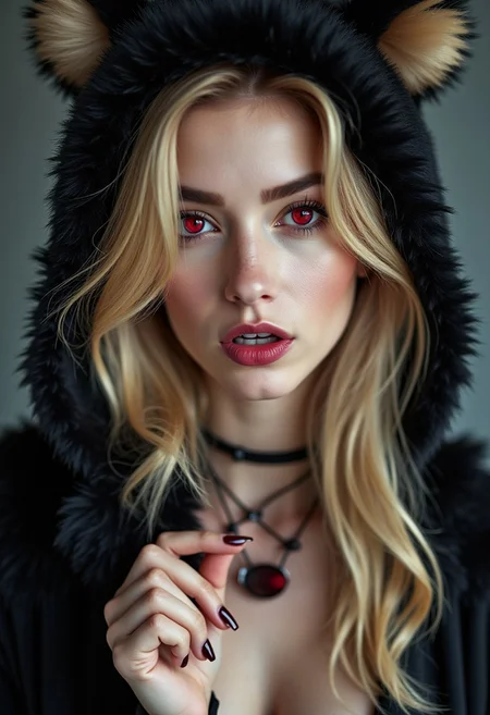 A stunning doll like face close-up of a blonde woman, gothic fashion, with bright red eyes, moist pink lips, smooth skin, fangs, wearing a fluffy animal ear hood, wearing beautiful necklace,wide cleavage, soft lighting, realistic and delicate facial features, fallen snowpetal, photorealistic rendering. Natural light interplay on skin,Photorealistic shadow softness, Lifelike hair gloss , Photorealistic color grading, One hand resting on the chin, shoulders slightly hunched, head tilted slightly downwards.