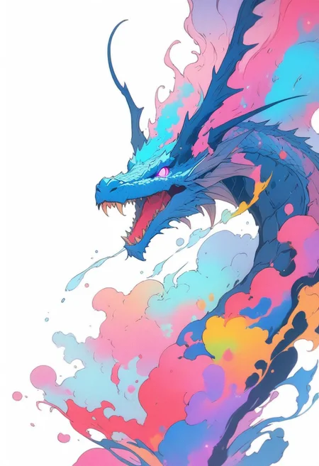 Highest quality, (masterpiece:1.5),
(accurate line:1.6), fantazy art, high Realism art, real face, blue glowing eyes, official art, flat color, colorful, white background, floating colorful water a dragon, sideview, fullbody,