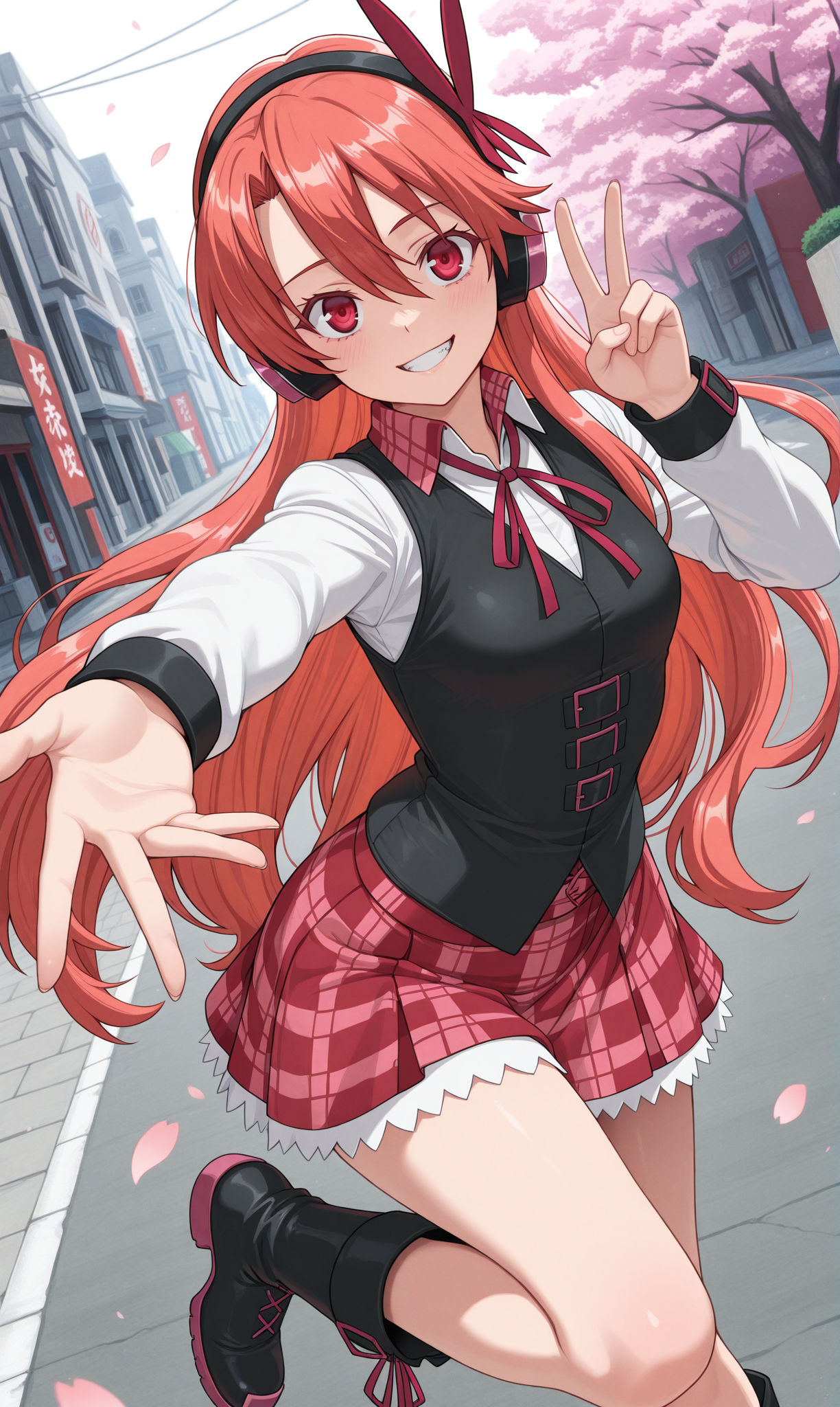 1girl, solo, masterpiece, best quality, amazing quality,street, cherry blossoms, looking at viewer,  <lora:chelsea_akame-ga-kill_illust-scarxzys:1>, chelsea (akame ga kill!), black boots, black hairband, black vest, boots, red hair, collared shirt, hair between eyes, hair ornament, hairband, headphones, long sleeves, miniskirt, neck ribbon, plaid clothes, plaid skirt, red eyes, red ribbon, red skirt, very long hair, white shirt, wing collar, v, grin, dutch angle, reaching out, close-up