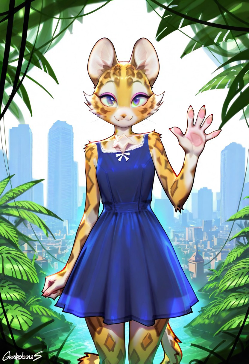 detailed fur, masterpiece, best quality, amazing quality, very aesthetic, absurdres, newest, incredible lighting, gorgeous lighting, gorgeous, cinematic lighting
clawroline, smile, small smile, closed mouth, waving at viewer, jungle, cityscape, city jungle, (((sfw))), clothes, clothes, dress, modest dress