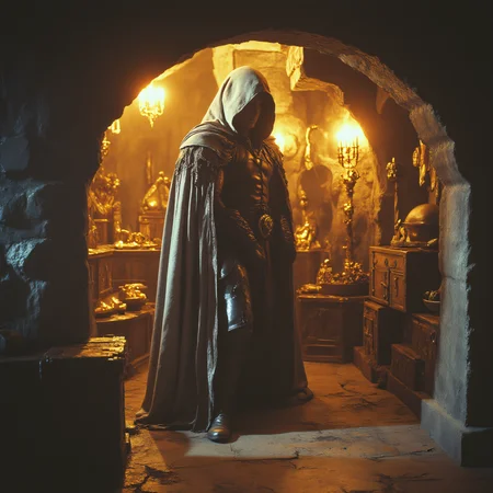 ArsMovieStill, 80s Fantasy Movie Still, The image shows a rogue in a hooded cloak sneaking through a treasure vault filled with golden artifacts and glowing traps., male, solo, cloak, hood, treasure, stealth, glowing traps, fantasy lighting, cunning, leather armor