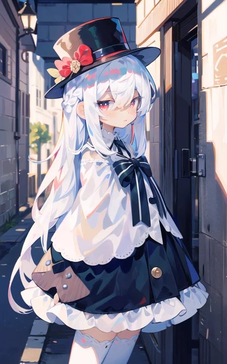 (masterpiece), (best quality),(illustration), from side,colorful,
1girl, beautiful red eyes,detailed long (white hair:1.5),
,white door,building behind,dress,best quality,long white hair,(mini top hat),detailed red eyes,hair between eyes,braid,french braid,(white hair),
,manaphy,magaeshi,ankle lace-up,
off-shoulder dress,
frilled capelet,white thighhighs,ankle lace-up,neck ribbon,(standing),upper body
<lora:uenomigi-loha-000005:1>