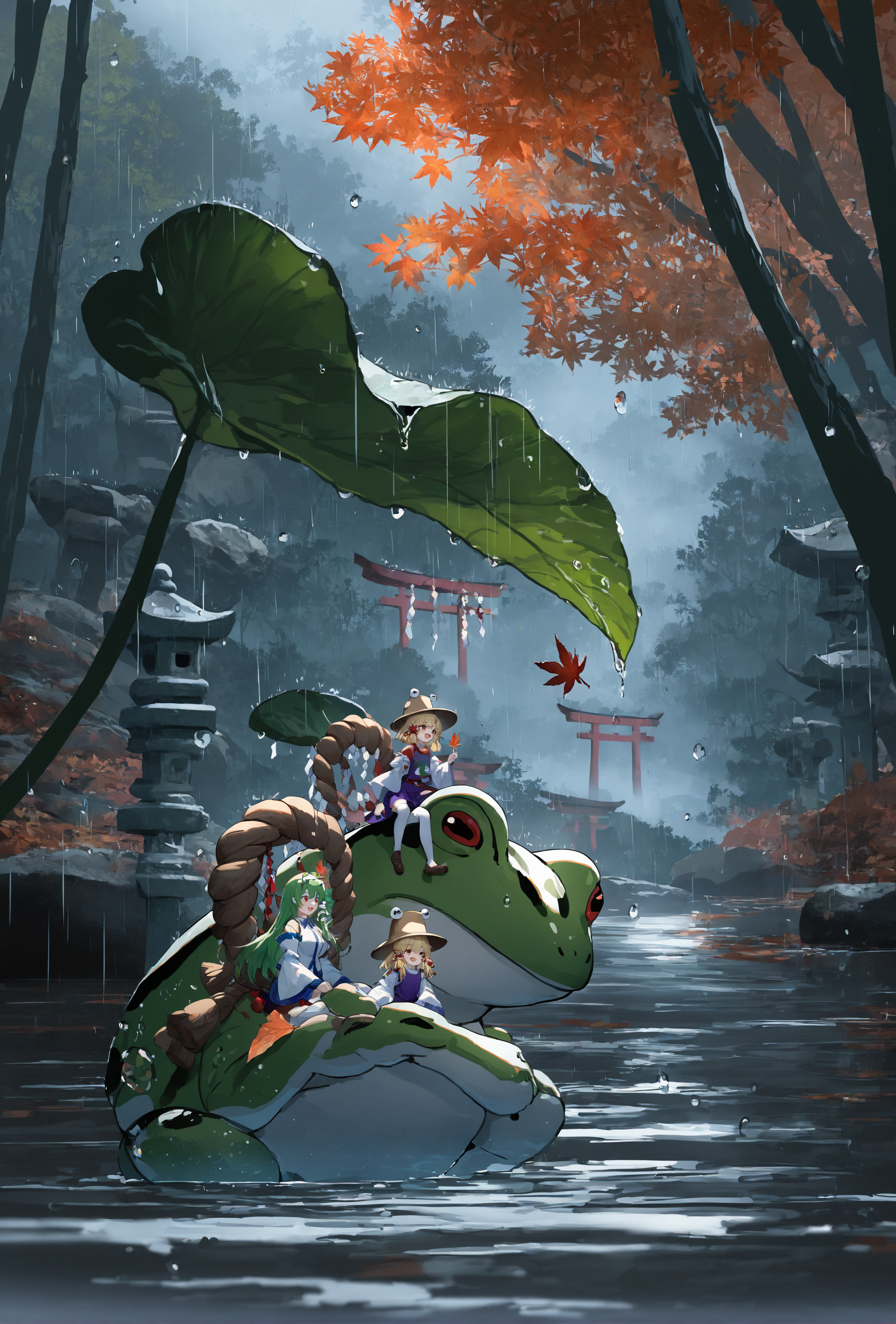 masterpiece, best quality, newest, absurdres, highres, highly detailed, moriya suwako, yasaka kanako, blonde hair, shimenawa, torii, multiple girls, purple vest, purple skirt, rope, hat, frog print, outdoors, red shirt, leaf umbrella, tree, brown headwear, scenery, oversized animal, wide sleeves, kochiya sanae, rain, shrine, nature, autumn leaves, red ribbon, white thighhighs, white shirt, open mouth, riding, mishaguji, long sleeves, long hair, forest, wide shot, stone lantern, blue dress, blue skirt, water drop, red skirt, shide, smile, holding leaf, red eyes, puffy short sleeves, hair ribbon, flying, lily pad, skirt set, maple leaf, east asian architecture, detached sleeves, leaf hair ornament, puffy sleeves, mirror, purple dress, day, holding umbrella, onbashira, brown footwear, socks