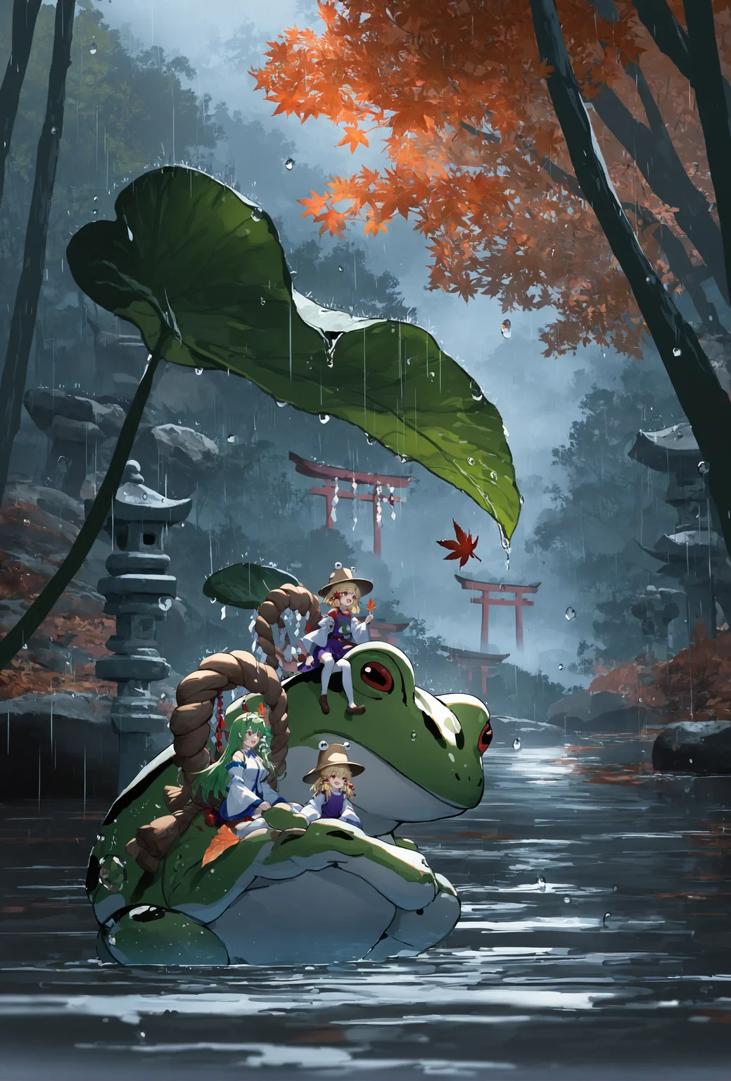 masterpiece, best quality, newest, absurdres, highres, highly detailed, moriya suwako, yasaka kanako, blonde hair, shimenawa, torii, multiple girls, purple vest, purple skirt, rope, hat, frog print, outdoors, red shirt, leaf umbrella, tree, brown headwear, scenery, oversized animal, wide sleeves, kochiya sanae, rain, shrine, nature, autumn leaves, red ribbon, white thighhighs, white shirt, open mouth, riding, mishaguji, long sleeves, long hair, forest, wide shot, stone lantern, blue dress, blue skirt, water drop, red skirt, shide, smile, holding leaf, red eyes, puffy short sleeves, hair ribbon, flying, lily pad, skirt set, maple leaf, east asian architecture, detached sleeves, leaf hair ornament, puffy sleeves, mirror, purple dress, day, holding umbrella, onbashira, brown footwear, socks
