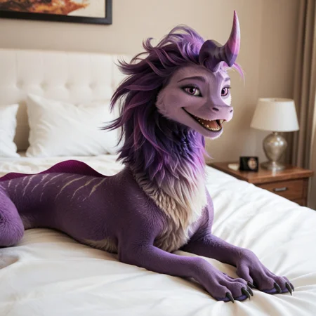 score_9, score_8_up, score_7_up, score_6_up, score_5_up, score_4_up, masterpiece, high quality, realistic, detailed, best quality, white bed, solo, rating_safe, source_furry, bedroom, smiling, open mouth smile, happy, detailed eyes, detailed face, looking at viewer, lying on belly, feral, jagan_ratld, eastern dragon, dragon, tail, claws, horn, purple fur, purple hair, single horn, back dorsal fins, long body, male, 1boy, legs, quadruped, feral