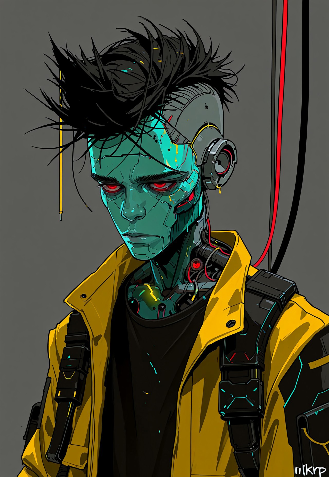 masterpiece, best quality, 1nkPnk, 1boy, solo, male focus, yellow jacket, jacket, cyberpunk, upper body, cyborg, colored skin, black shirt, short hair, glowing, science fiction, shirt, cable, grey background, artist name, red eyes, closed mouth, simple background, rough sketch, messy, comic art style, ink splatter