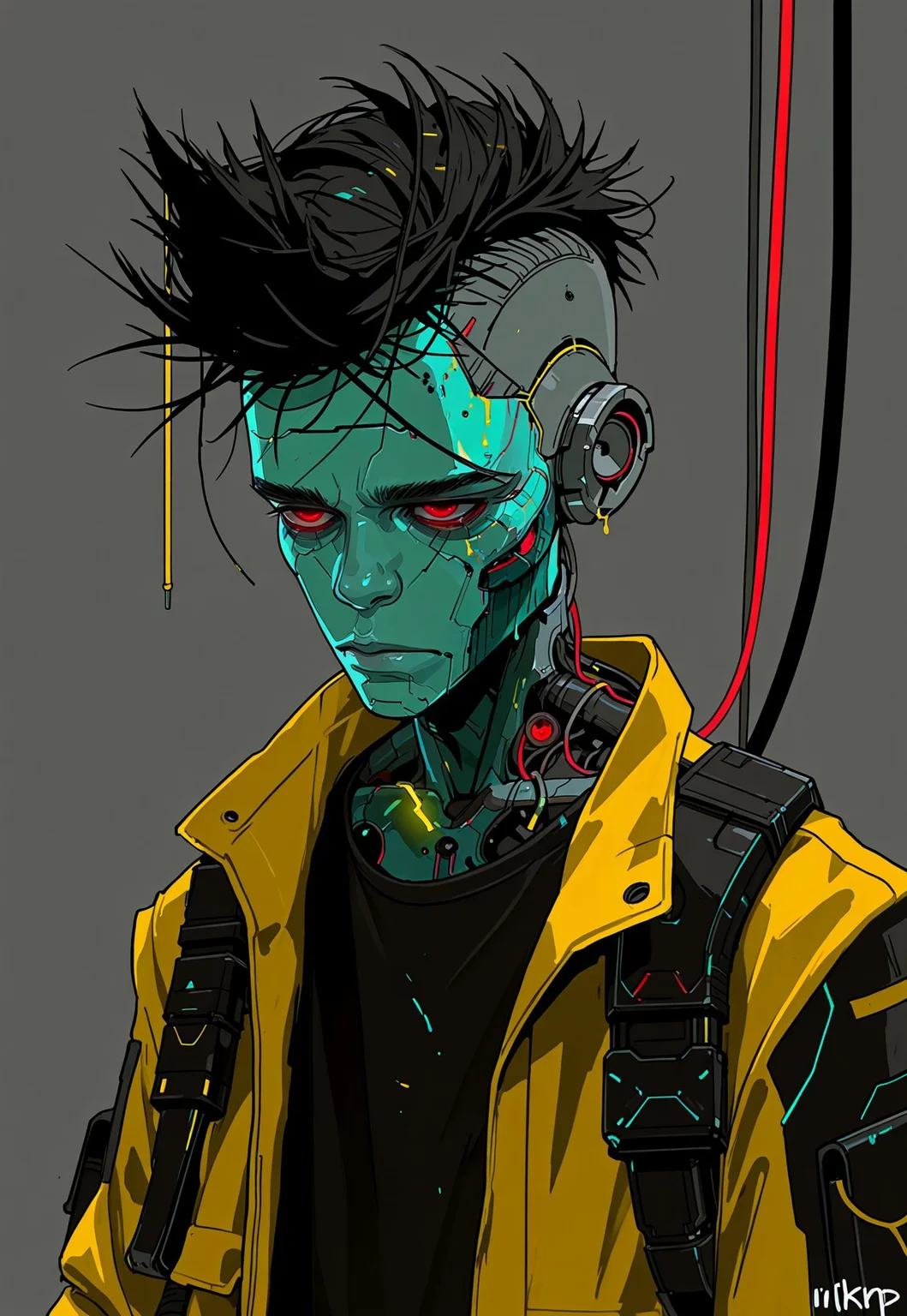 masterpiece, best quality, 1nkPnk, 1boy, solo, male focus, yellow jacket, jacket, cyberpunk, upper body, cyborg, colored skin, black shirt, short hair, glowing, science fiction, shirt, cable, grey background, artist name, red eyes, closed mouth, simple background, rough sketch, messy, comic art style, ink splatter