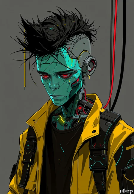 masterpiece, best quality, 1nkPnk, 1boy, solo, male focus, yellow jacket, jacket, cyberpunk, upper body, cyborg, colored skin, black shirt, short hair, glowing, science fiction, shirt, cable, grey background, artist name, red eyes, closed mouth, simple background, rough sketch, messy, comic art style, ink splatter