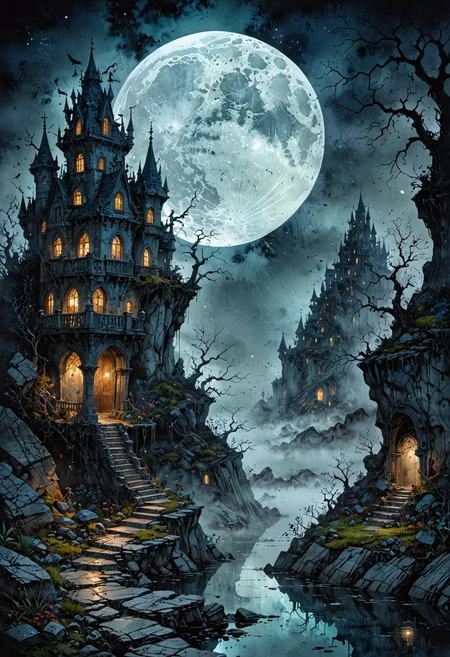 Lost Land of otherworldly dreams, fantasy, magic, watercolor, ink, acrylic, double exposure, mythological, great detail, mid-night, moon, fog, gothic gloom, art on a cracked paper, storybook detailed illustration, cinematic, ultra highly detailed, tiny details, beautiful details, mystical, luminism, vibrant colors <lora:EpicF4nta5yXL:0.8>