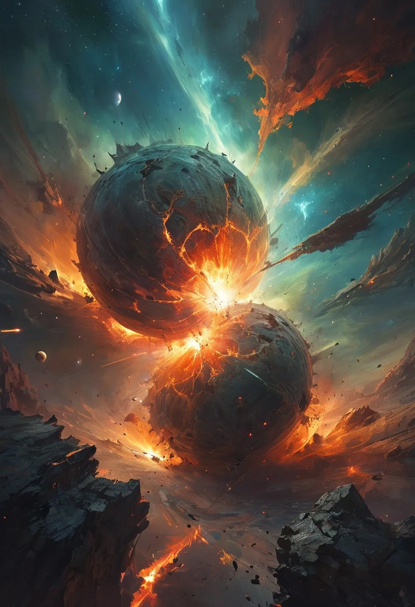 Illustrate a breathtaking scene of two planets colliding in a cataclysmic event. The image should capture the moment of impact, with debris and fragments flying in all directions. One planet should be a vibrant blue and green, representing Earth-like qualities, while the other is a fiery red and orange, symbolizing a hostile environment. The collision should create a massive explosion of light and energy, illuminating the surrounding space with a chaotic blend of colors. Surrounding stars and cosmic dust should add to the sense of vastness and destruction, evoking feelings of awe and devastation.
[style of greg rutkowski,janek sedlar,jenny saville:0]  <lora:vivid_everclear:0.35>  <lora:Sinozick:0.35>  <lora:MJ52:0.35>