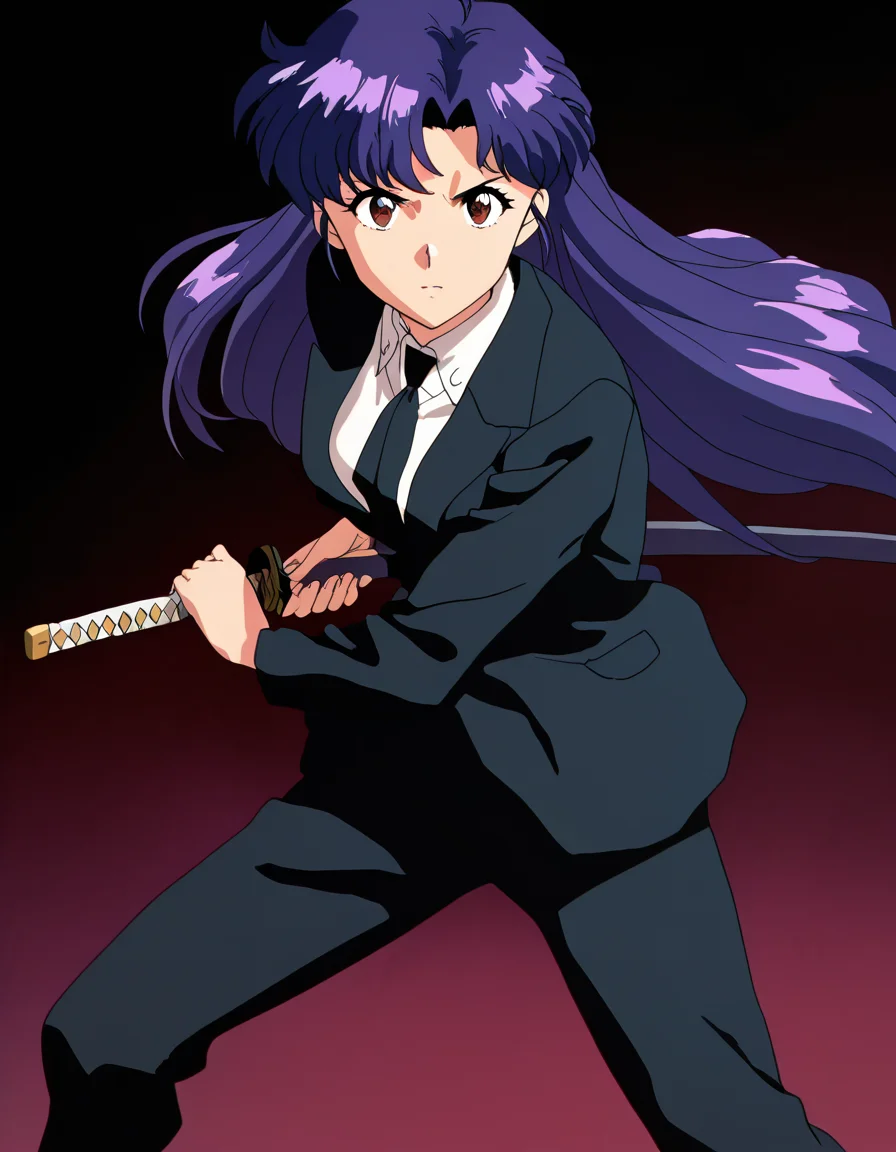masterpiece, best quality, newest, absurdres, highres, safe,, <lora:misato-katsuragi-classic-ponyxl-lora-nochekaiser:1>, misato katsuragi, long hair, brown eyes, purple hair, parted bangs, medium breasts, anime screencap, <lora:battoujutsu-stance-illustriousxl-lora-nochekaiser:1>, battoujutsu stance, looking at viewer, holding, weapon, sword, holding weapon, holding sword, standing, katana, sheath, sheathed, fighting stance, ready to draw, shirt, long sleeves, jacket, white shirt, necktie, collared shirt, pants, black jacket, floating hair, black pants, formal, suit, black necktie, black suit, pant suit,, ,