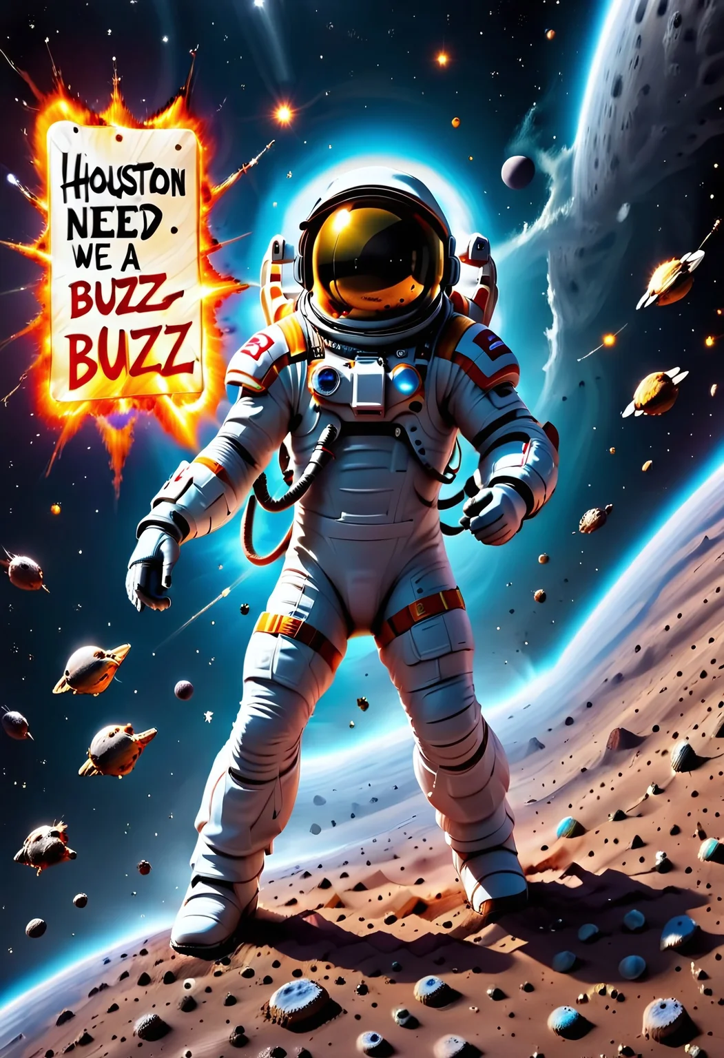 buzz, an astronaut in space in a flake spacesuit with a sign with text "Houston, we need a Buzz" <lora:buzz-text:.8>