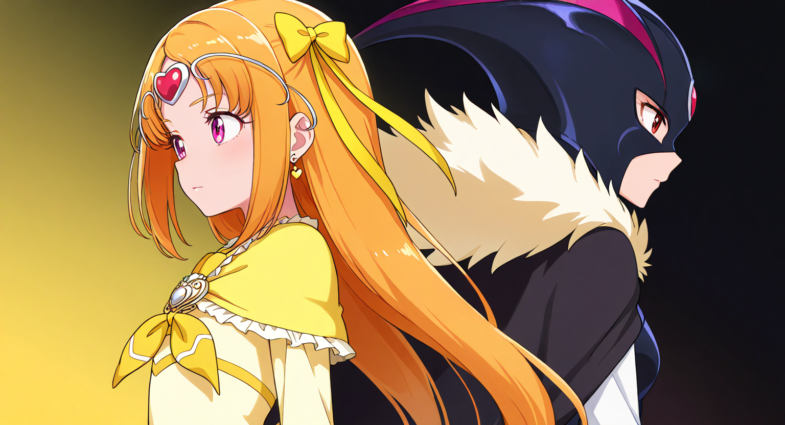 <lora:cure_muse_shirabe_ako_illustXL_locon_v1:0.7> masterpiece, best quality, absurdres, very aesthetic, general, 2girls, back-to-back, 
cure muse \(yellow\), orange hair, brown hair, very long hair, twintails, shiny hair, pink eyes, red eyes, purple eyes, eyebrows visible through hair, eyelashes, hair ribbon, hair bow, yellow ribbon, yellow bow, circlet, tiara, heart hair ornament, heart earrings, yellow dress, capelet, long sleeves, from side, looking away, serious, expressionless, yellow background, yellow theme,
crmsblack, mask, helmet, forehead jewel, heart jewelry, red eyes, eyelashes, black cape, black bodysuit, long sleeves, white sleeves, brooch, fur trim, fur collar, fur-trimmed cape, from side, looking away, serious, expressionless, black background, black theme,