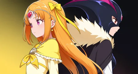 <lora:cure_muse_shirabe_ako_illustXL_locon_v1:0.7> masterpiece, best quality, absurdres, very aesthetic, general, 2girls, back-to-back,
cure muse \(yellow\), orange hair, brown hair, very long hair, twintails, shiny hair, pink eyes, red eyes, purple eyes, eyebrows visible through hair, eyelashes, hair ribbon, hair bow, yellow ribbon, yellow bow, circlet, tiara, heart hair ornament, heart earrings, yellow dress, capelet, long sleeves, from side, looking away, serious, expressionless, yellow background, yellow theme,
crmsblack, mask, helmet, forehead jewel, heart jewelry, red eyes, eyelashes, black cape, black bodysuit, long sleeves, white sleeves, brooch, fur trim, fur collar, fur-trimmed cape, from side, looking away, serious, expressionless, black background, black theme,