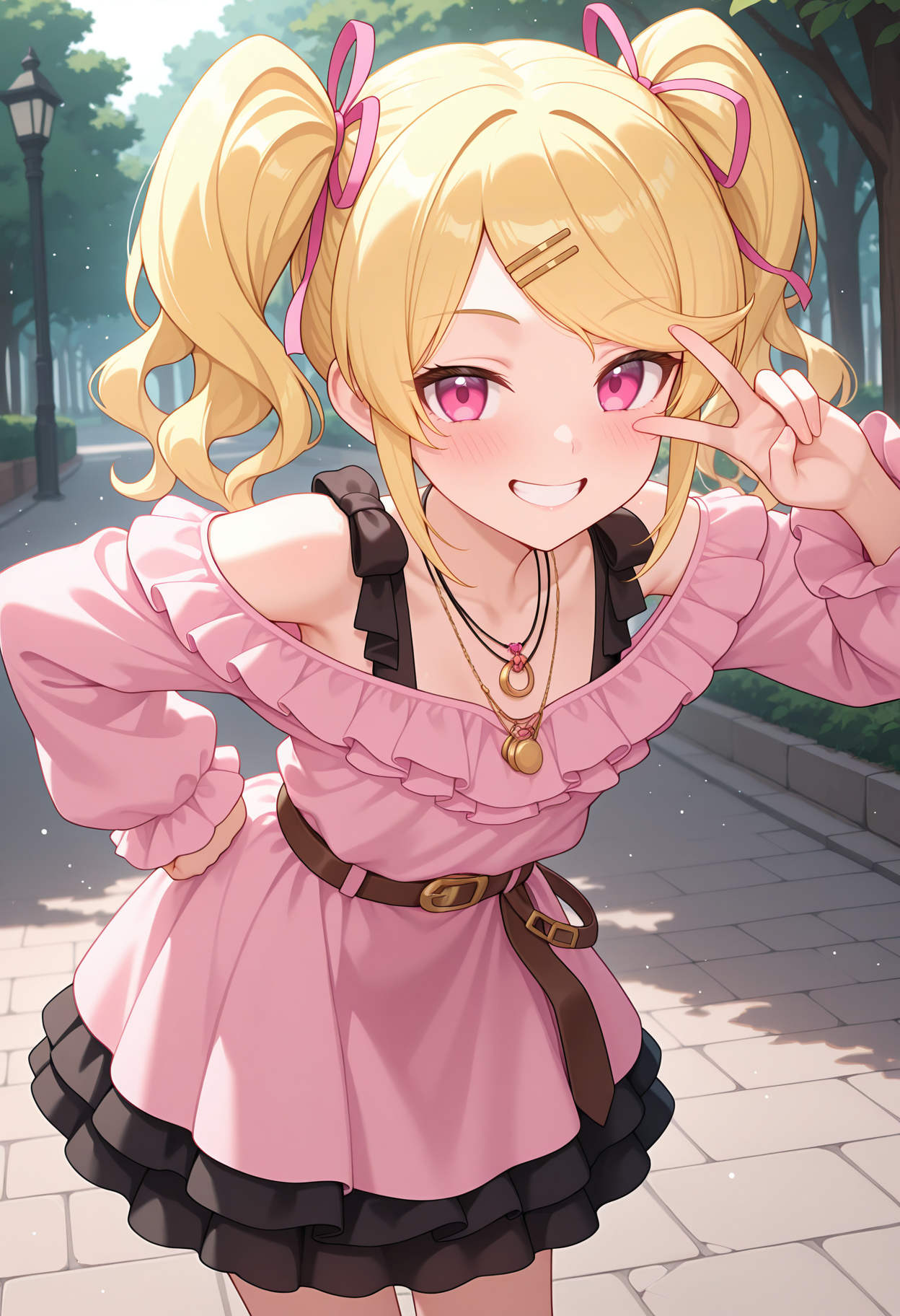 highres, best quality, masterpiece, outdoors, light particles, 
1girl, solo, rlpmski, twintails, wavy hair, blonde hair, swept bangs, hairclip, hair ribbon, pink ribbon, pink eyes,
multiple necklaces, black strap, pink dress, frilled shirt, off shoulder, long sleeves, belt, black skirt, layered skirt, skirt under dress,
looking at viewer, blush, smile, teeth,
standing, hand on own hip, leaning forward, v over eye, 
<lora:_misaki_pcr-elesico-ilxlA:1>