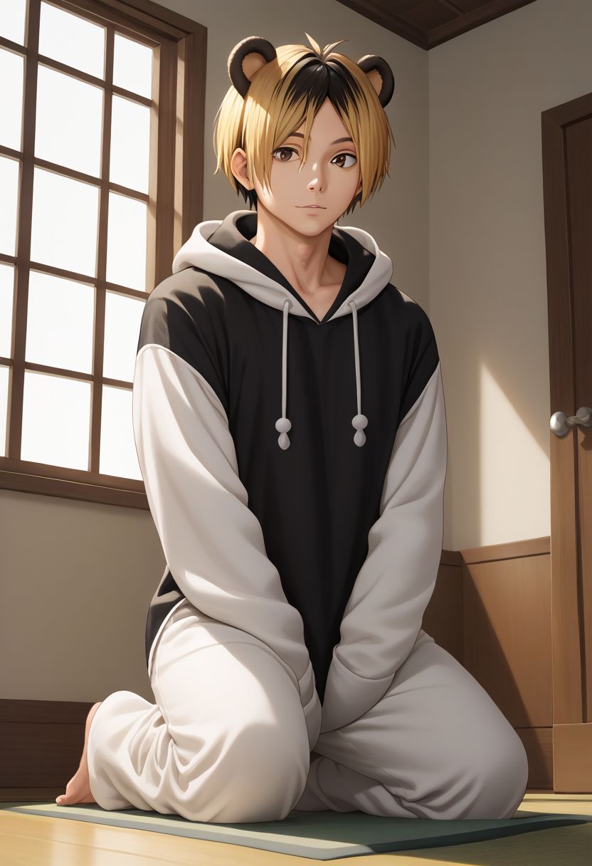 score_9, score_8_up, score_7_up, 1boy, solo, male focus, kenma, blonde hair, multicolored hair, two-tone hair, black hair, brown eyes, bangs, male focus, panda costume, animal onesie, hoodie, hood up, animal ears, panda ears, bear ears, bear costume, black and white clothes, animal costume, pijama, fluffy clothes, pajama, cute, 1dk, portrait, derpibooru_p_95, otoko no ko, detailed eyes, indoors, full body portrait, from below, kneeling on floor, window,