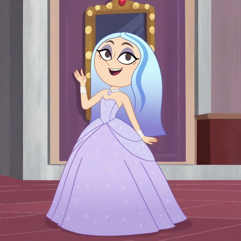 Andrea Davenport, 1girl, long blue hair, brown eyes, streaked hair, eyeshadow, Very long large straight tulle purple princess ball gown hoop skirt, ball gown hoop skirt, purple princess dress, hoopdress, my big princess gypsy wedding dress, ballgown, a girl in a dress posing for a picture, wearing a sleeveless ballgown, looking at viewer and smiling,