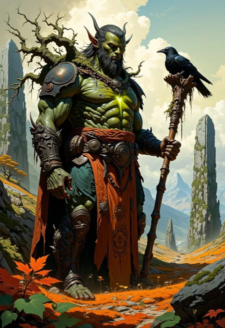 A weathered orc druid in tattered robes, standing tall in the middle of a stone circle, ancient monoliths covered in vines surround him, the orange and red hues of autumn leaves swirl in the air, his gnarled wooden staff glowing with faint green light, pagan runes etched into his skin, a raven perched on his shoulder, the vibe is mystical and serene, the field around is lush but fading into the cool embrace of autumn, with distant mist-covered mountains in the background.