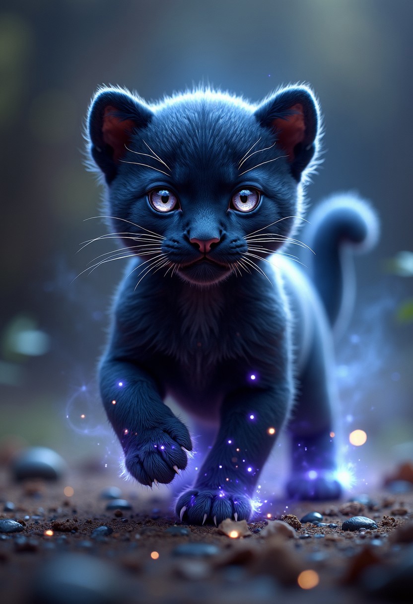 Imagine a pet that is a small panther cub infused with the cosmos. Its fur is a deep, velvety black, but as it moves, its coat shimmers with swirling galaxies, constellations, and distant stars. The creature’s eyes glow like twin moons, shifting between silver and deep purple, and its claws leave faint traces of stardust wherever it walks. Its body moves with feline grace, but when it runs, it appears to phase in and out of reality, leaving behind trails of nebula-like mist. The creature is both mysterious and majestic, a loyal companion to any star-gazing mage.