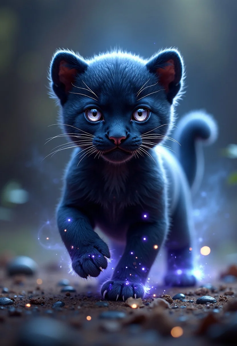 Imagine a pet that is a small panther cub infused with the cosmos. Its fur is a deep, velvety black, but as it moves, its coat shimmers with swirling galaxies, constellations, and distant stars. The creature’s eyes glow like twin moons, shifting between silver and deep purple, and its claws leave faint traces of stardust wherever it walks. Its body moves with feline grace, but when it runs, it appears to phase in and out of reality, leaving behind trails of nebula-like mist. The creature is both mysterious and majestic, a loyal companion to any star-gazing mage.