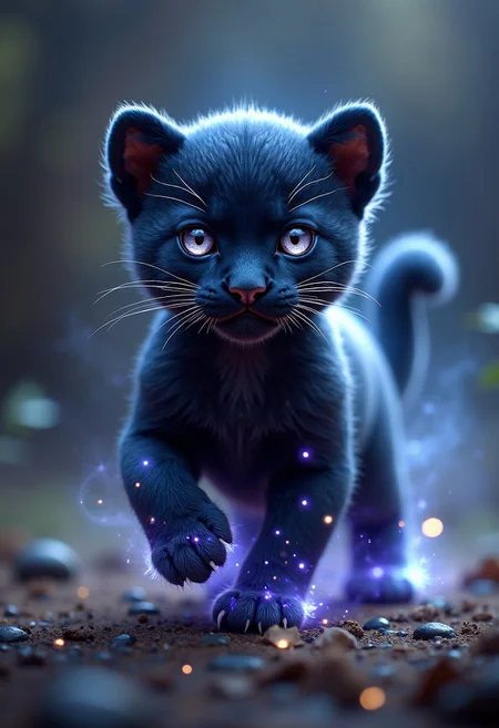 Imagine a pet that is a small panther cub infused with the cosmos. Its fur is a deep, velvety black, but as it moves, its coat shimmers with swirling galaxies, constellations, and distant stars. The creature’s eyes glow like twin moons, shifting between silver and deep purple, and its claws leave faint traces of stardust wherever it walks. Its body moves with feline grace, but when it runs, it appears to phase in and out of reality, leaving behind trails of nebula-like mist. The creature is both mysterious and majestic, a loyal companion to any star-gazing mage.