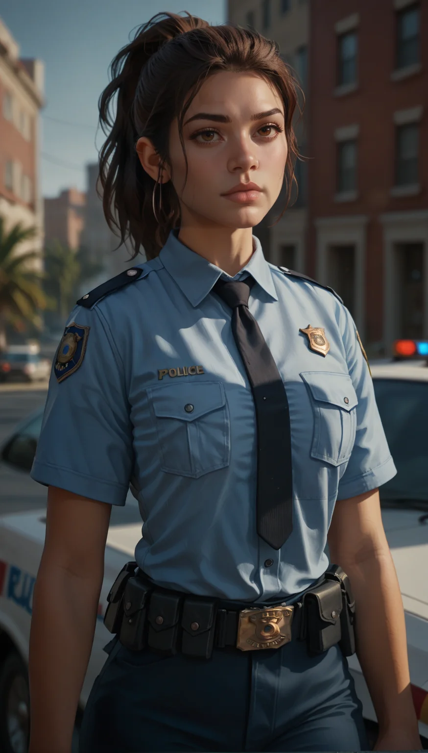 score_9, score_8_up, score_7_up,
<lora:Lucia_GTA6:0.8> lucgta, ponytail haircut, brunette, police uniform