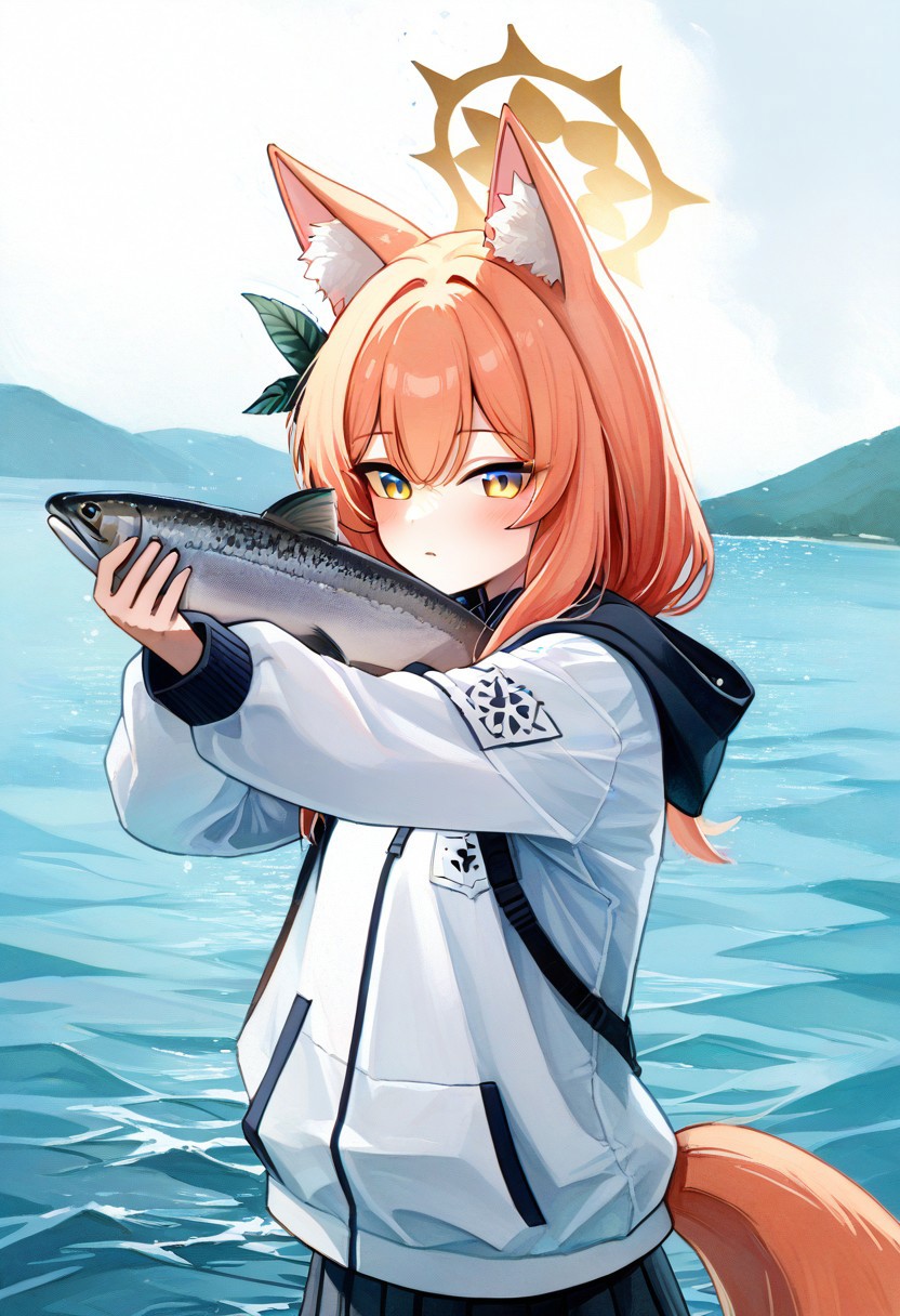 score_9, score_8_up, score_7_up, upper body
easynegative, ncpy45 style watercolor, fox ears,fox tail,Mari_(Blue_Archive), ,holding salmon,outdoor fishing clothes