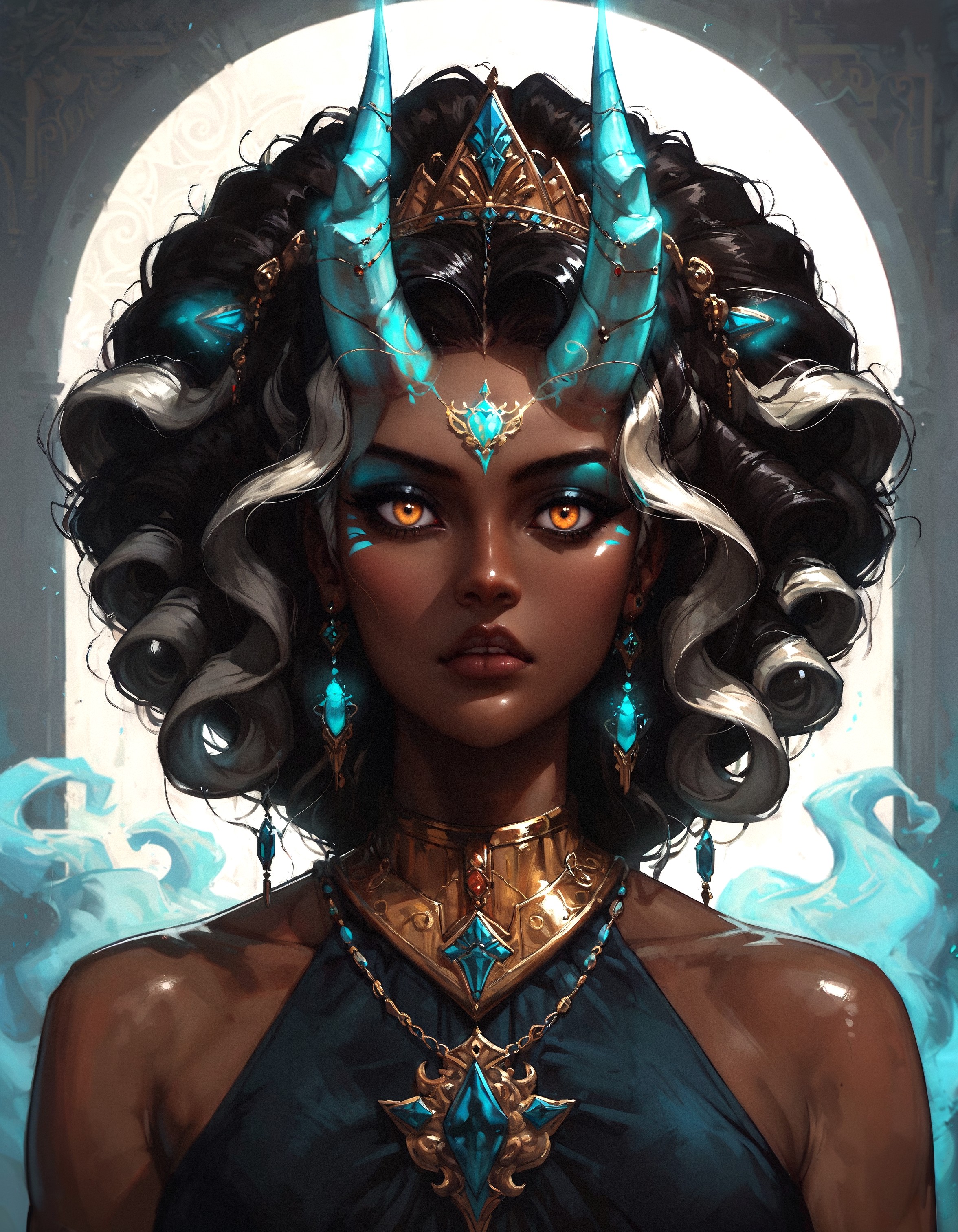 score_9, score_8_up, score_7_up, score_6_up, score_5_up, score_4_up,  A regal (queen:1.4) with (Indian heritage:1.3), her (brown skin:1.3) glowing with a soft radiance, sits majestically. She has (gold eyes:1.3) that shimmer with wisdom and power, and her (ivory brown skin:1.4) adds to her ethereal beauty. Her (black hair:1.3) is striking, accented with (white highlights:1.2) that give it a unique and distinguished look.  Adorning her head are (turquoise glowing horns:1.3) that spiral gracefully, merging seamlessly with her (ram horns:1.3), creating an awe-inspiring and mystical appearance. Her attire is opulent, with (intricate gold jewelry:1.2) and (traditional Indian garments:1.2) that complement her royal presence.  The background is a lavish (palace setting:1.2), rich with (detailed carvings:1.1) and (luxurious decor:1.2), enhancing the queen's majestic aura and the (mystical glow:1.2) of her horns, symbolizing her power and grace.