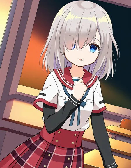 masterpiece, best quality, newest, absurdres, highres, safe, 1girl, isuzu ren \(school uniform\), magia record: mahou shoujo madoka magica gaiden, red skirt, black sleeves, solo, classroom, dusk, dutch angle, <lora:isuzu_ren_noobaiXLNAIXL_vPred10Version:0.7>
