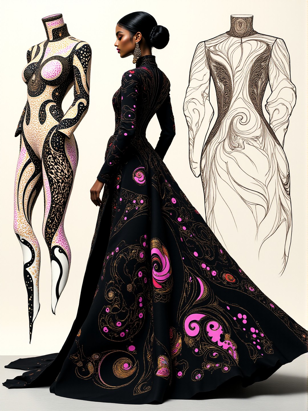 A minimalistic black-toned low-angle illustration depicting a (Bangladeshi female chef:1.1) modelling a futuristic wedding dress that utilises toile and chenille material. The clothing tightly hugs the person and is decorated with intricate black and pink fractal designs. The overall feel of the image is dynamic and eldritch. Additionally, the backdrop shows comcept drawings of the clothing, rendered in fine flowing lines and appliqued bronzeleaf. The general effect is of timeless fine art elegance. <lora:midjourney_whisper_avant_couture_v01:1>